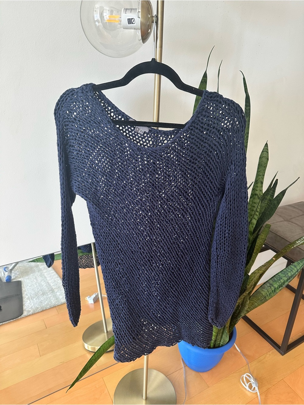 Vince Navy Open-Weave Scoop Neck Sweater